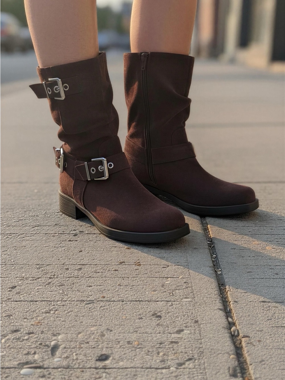 No Boundaries Dark Brown Mid-Calf Buckle Moto Boots